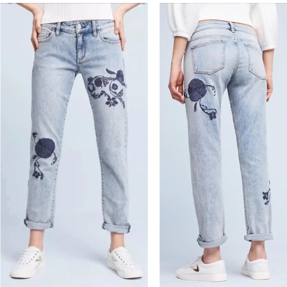 Anthropologie Denim - Anthropologie Jeans Floral Embroidered Boyfriend Straight Light Blue Sz 32 x 29